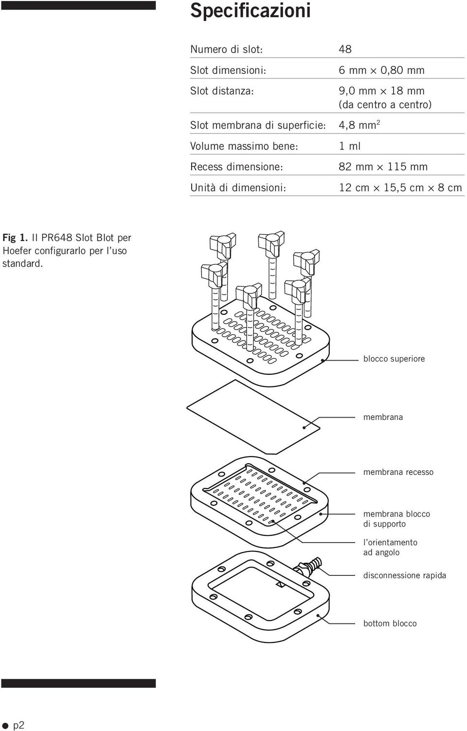 mm 12 cm 15,5 cm 8 cm Fig 1. Il PR648 Slot Blot per Hoefer configurarlo per l uso standard.