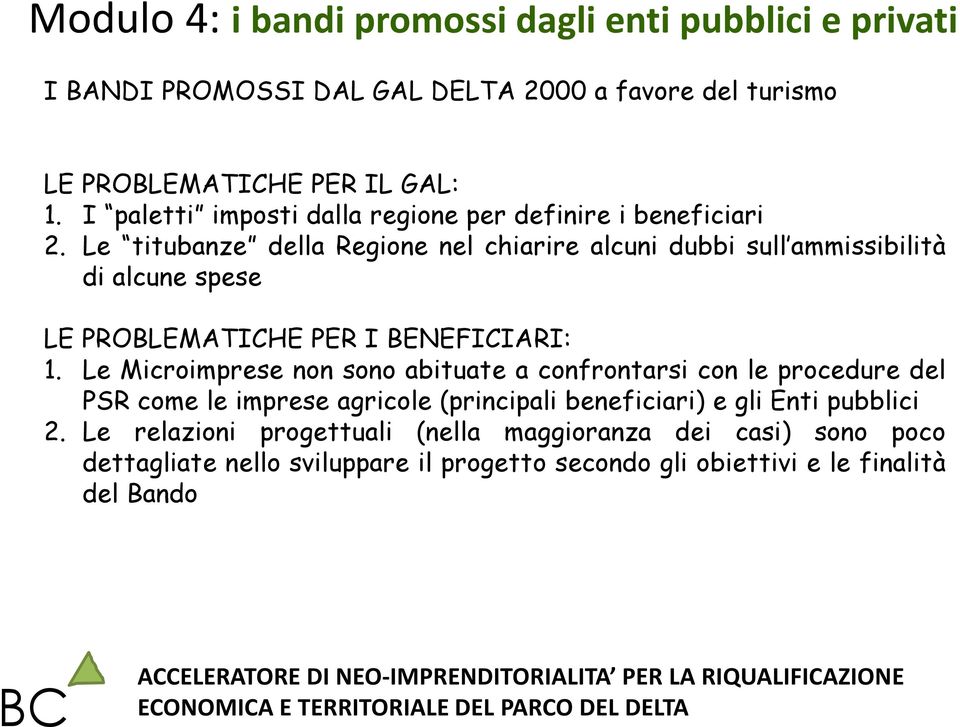 Le titubanze della Regione nel chiarire alcuni dubbi sull ammissibilità di alcune spese LE PROBLEMATICHE PER I BENEFICIARI: 1.