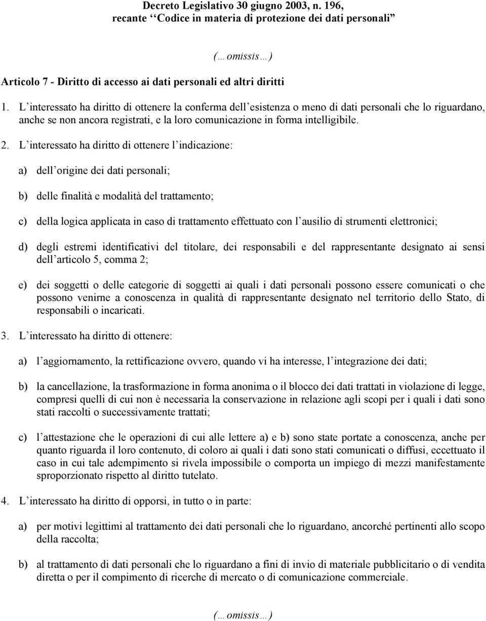 L interessato ha diritto di ottenere l indicazione: a) dell origine dei dati personali; b) delle finalità e modalità del trattamento; c) della logica applicata in caso di trattamento effettuato con l