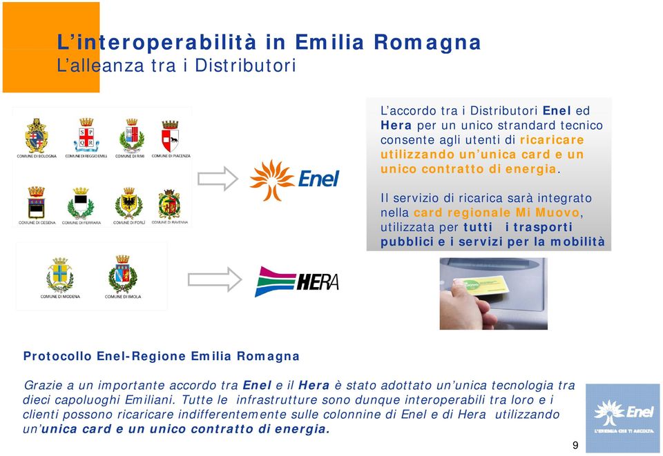 Il servizio di ricarica sarà integrato nella card regionale Mi Muovo, utilizzata per tutti i trasporti pubblici e i servizi per la mobilità Protocollo Enel-Regione Emilia Romagna Grazie