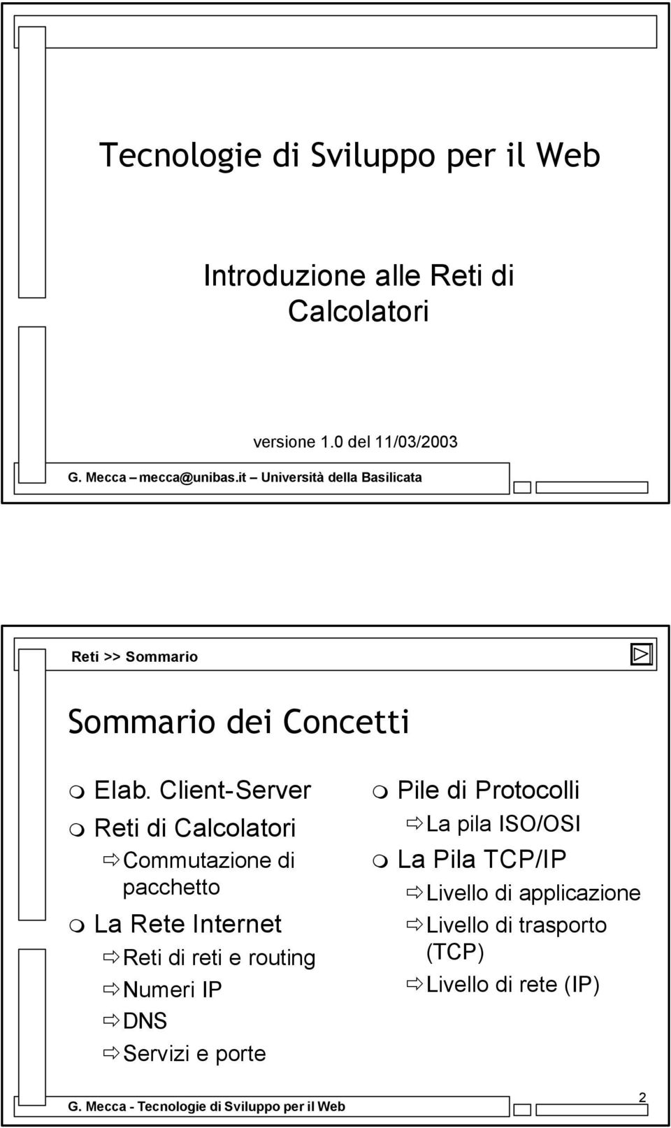 Client-Server Reti di Calcolatori Commutazione di pacchetto La Rete Internet Reti di reti e routing Numeri IP