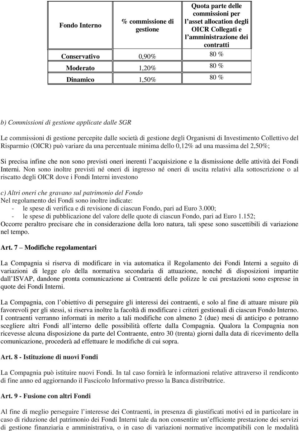 variare da una percentuale minima dello 0,12% ad una massima del 2,50%; Si precisa infine che non sono previsti oneri inerenti l acquisizione e la dismissione delle attività dei Fondi Interni.