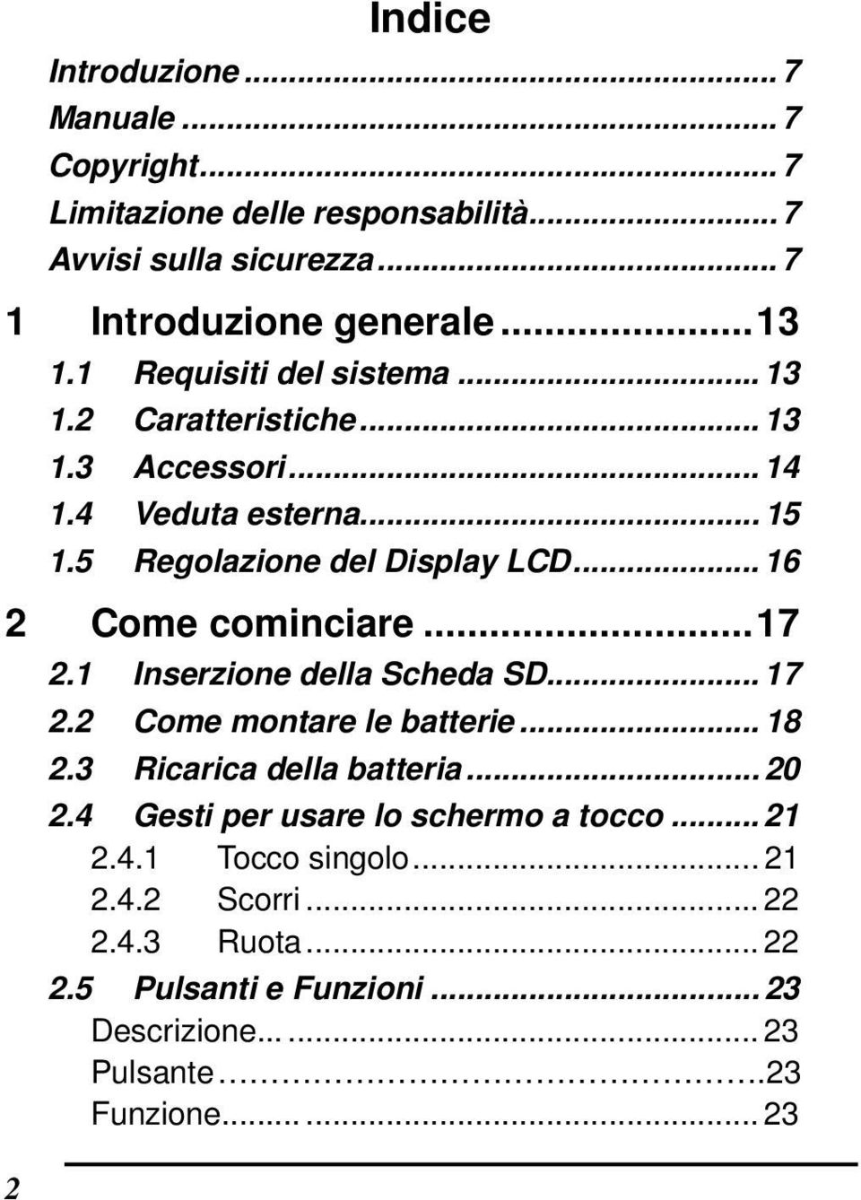 .. 16 2 Come cominciare...17 2.1 Inserzione della Scheda SD... 17 2.2 Come montare le batterie... 18 2.3 Ricarica della batteria... 20 2.