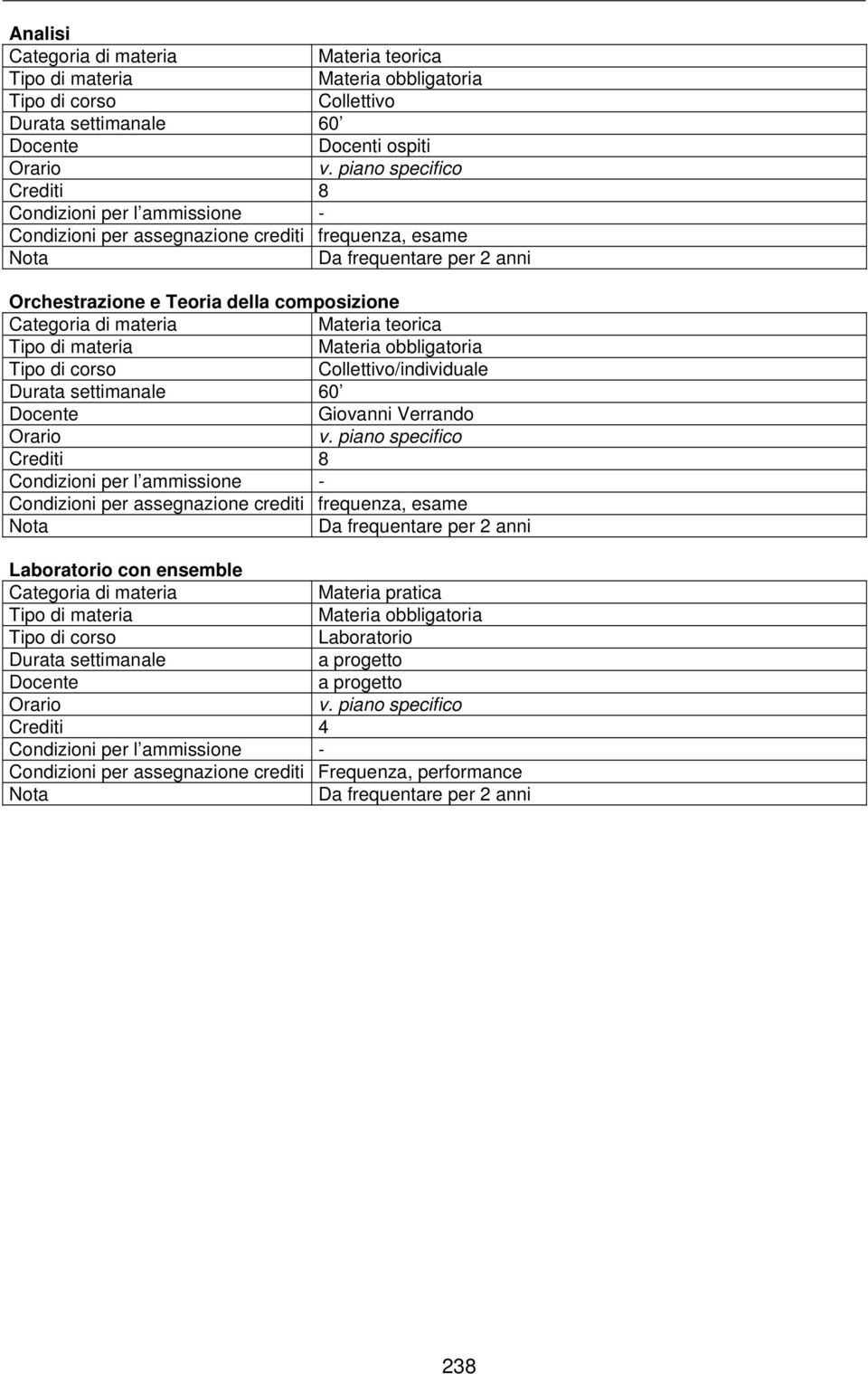 assegnazione crediti frequenza, esame Da frequentare per 2 anni Laboratorio con ensemble Crediti 4 Materia