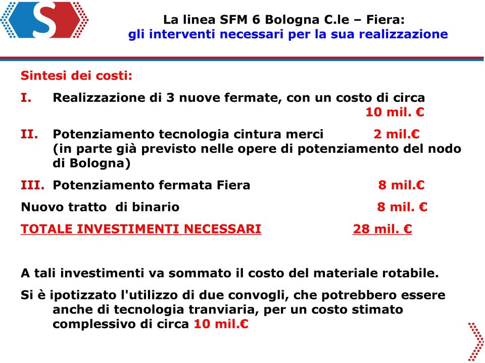 Potenziamento fermata Fiera 8 mil. Nuovo tratto di binario 8 mil. TOTALE INVESTIMENTI NECESSARI 28 mil.