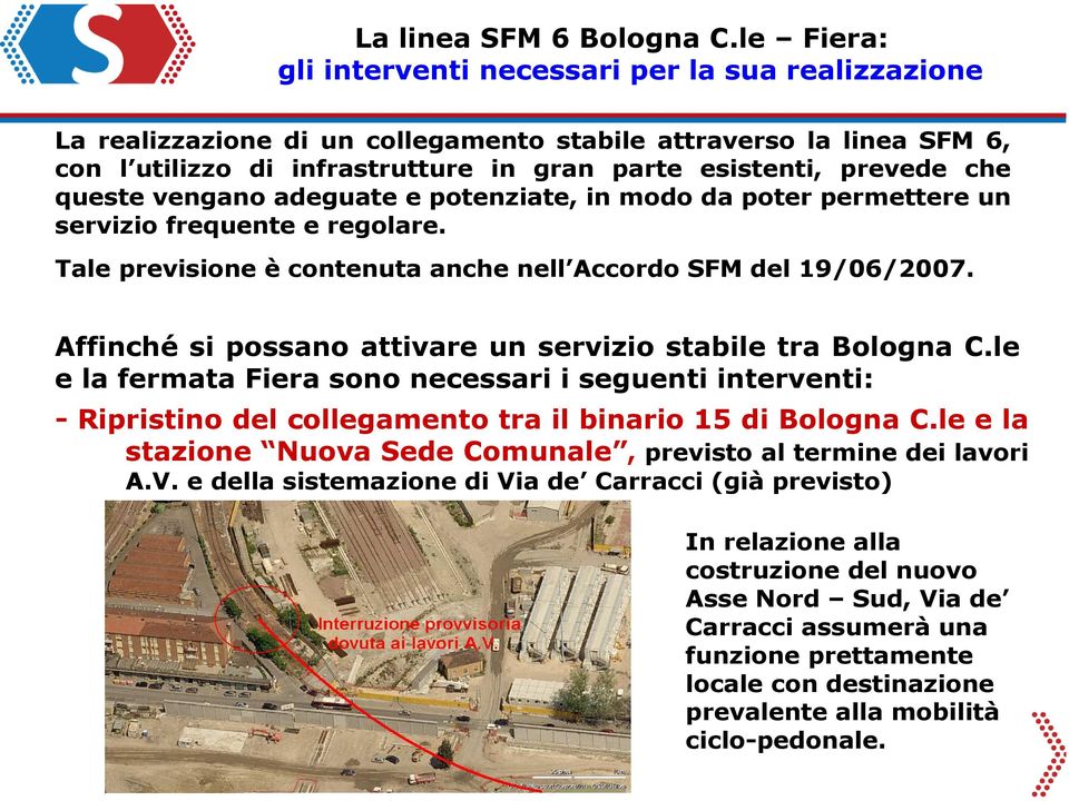 Affinché si possano attivare un servizio stabile tra Bologna C.le e la fermata Fiera sono necessari i seguenti interventi: - Ripristino del collegamento tra il binario 15 di Bologna C.