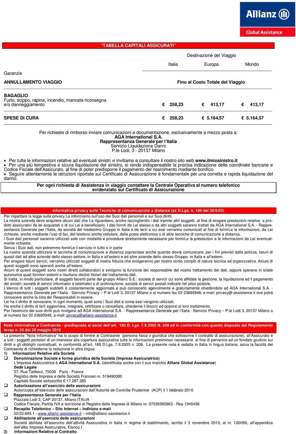 le Lodi, 3-20137 Milano Per tutte le informazioni relative ad eventuali sinistri vi invitiamo a consultare il nostro sito web www.ilmiosinistro.