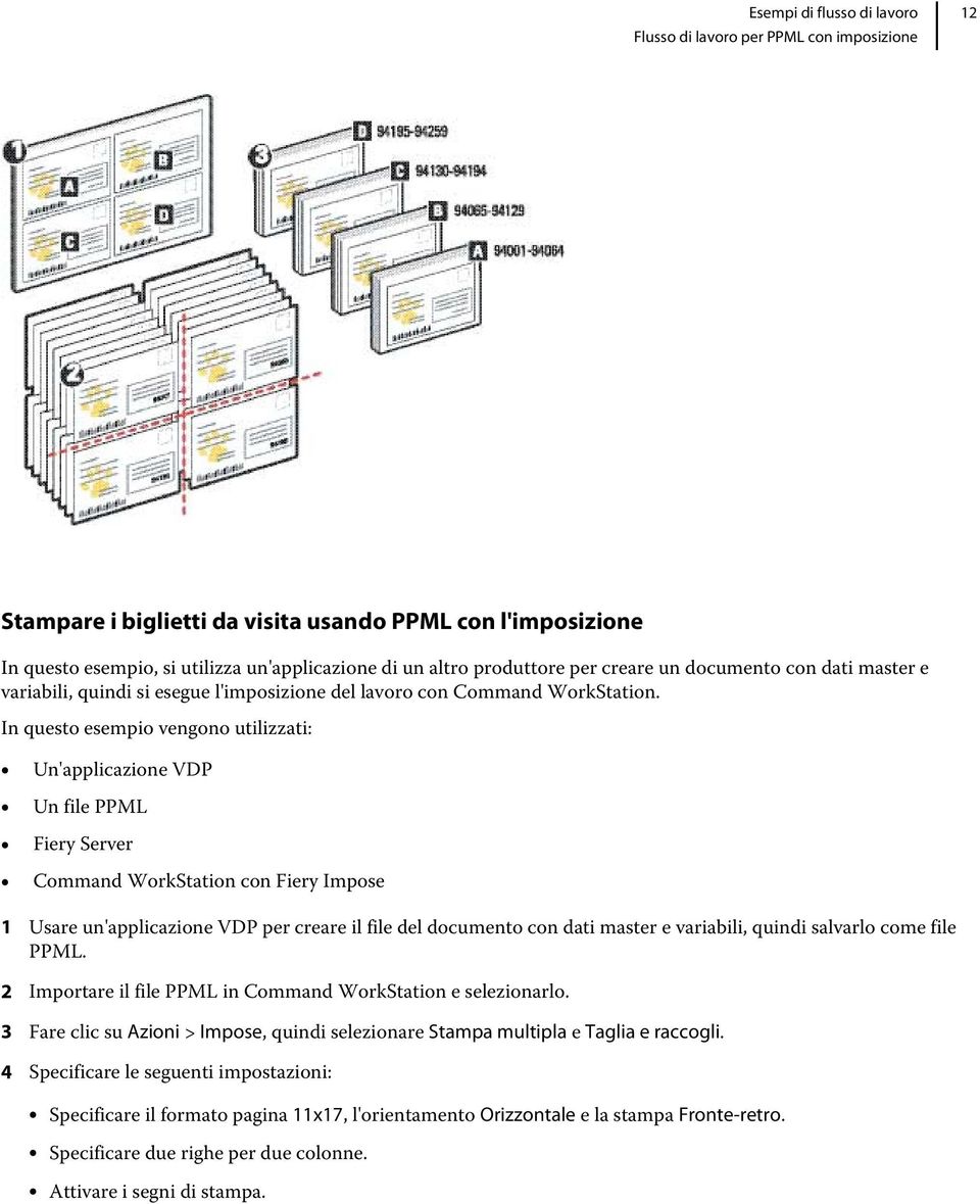 In questo esempio vengono utilizzati: Un'applicazione VDP Un file PPML Fiery Server Command WorkStation con Fiery Impose 1 Usare un'applicazione VDP per creare il file del documento con dati master e