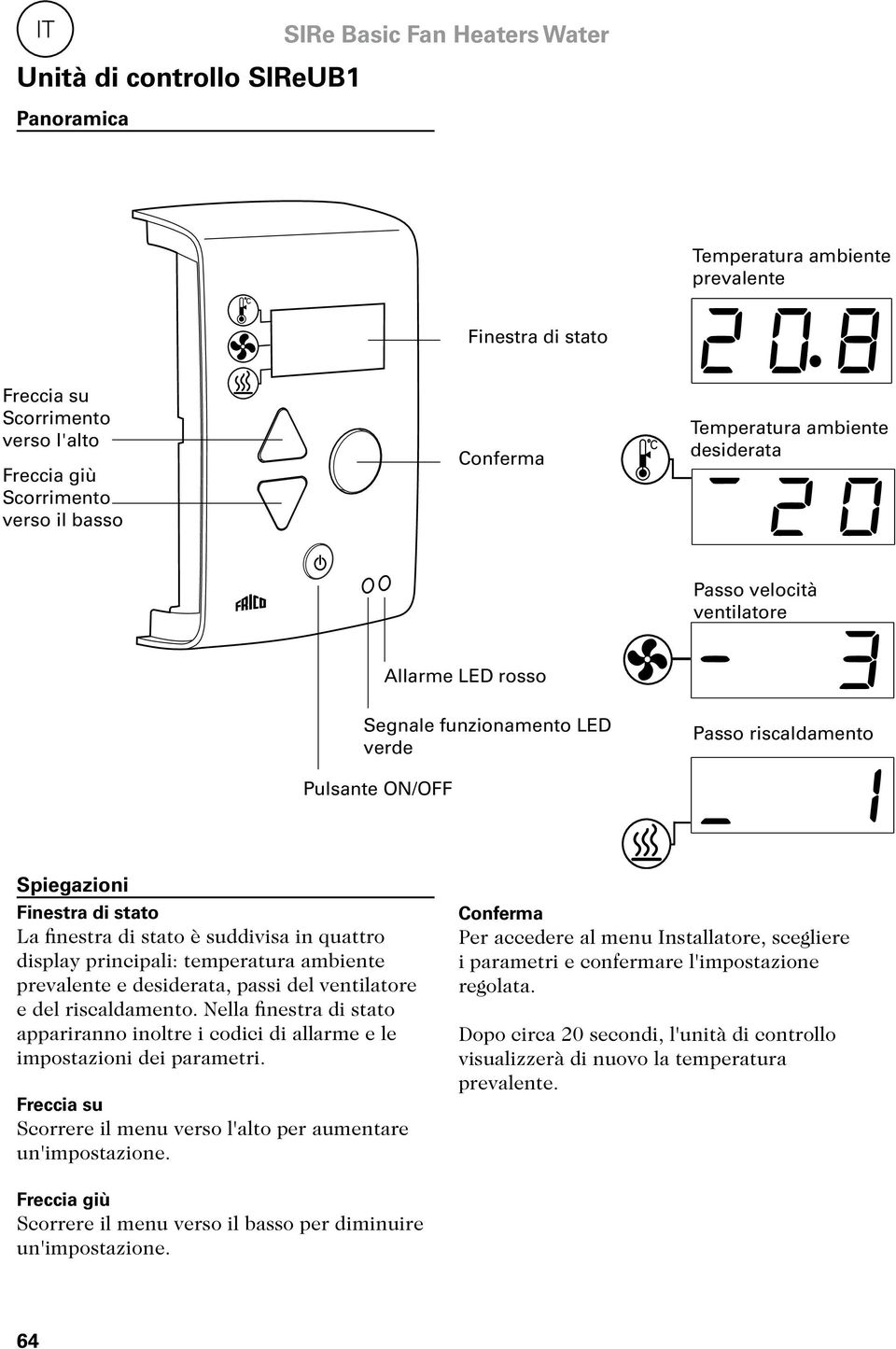 di stato è suddivisa in quattro display principali: temperatura ambiente prevalente e desiderata, passi del ventilatore e del riscaldamento.