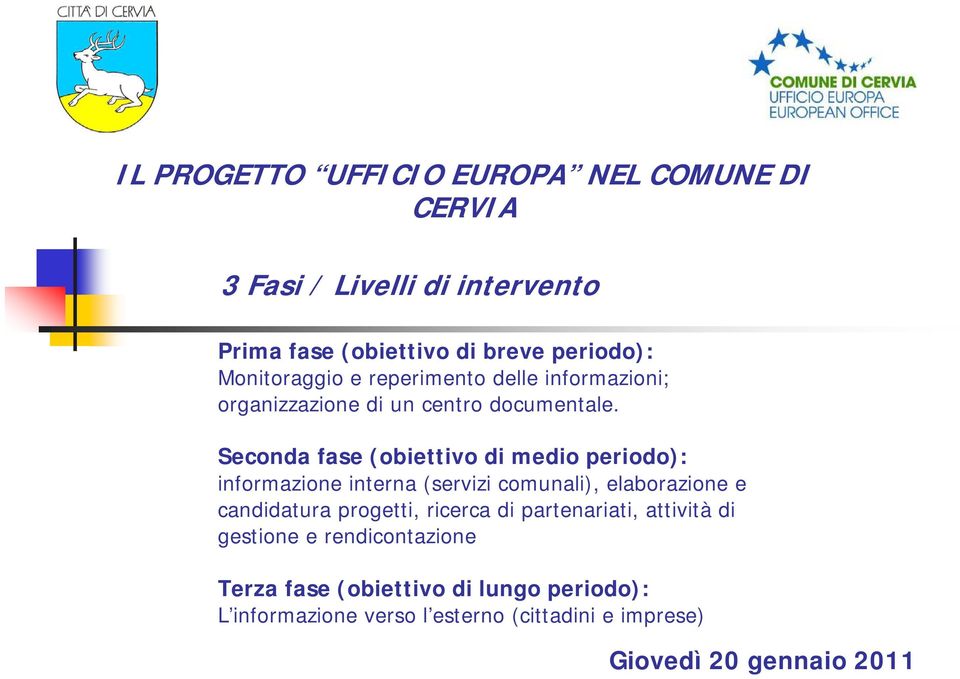 Seconda fase (obiettivo di medio periodo): informazione interna (servizi comunali), elaborazione e candidatura progetti,