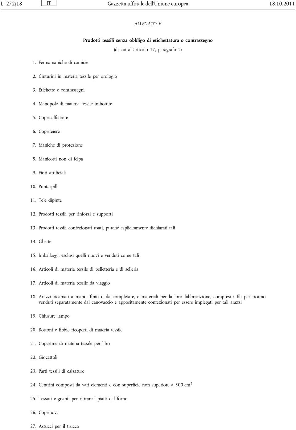 Fiori artificiali 10. Puntaspilli 11. Tele dipinte 12. Prodotti tessili per rinforzi e supporti 13. Prodotti tessili confezionati usati, purché esplicitamente dichiarati tali 14. Ghette 15.