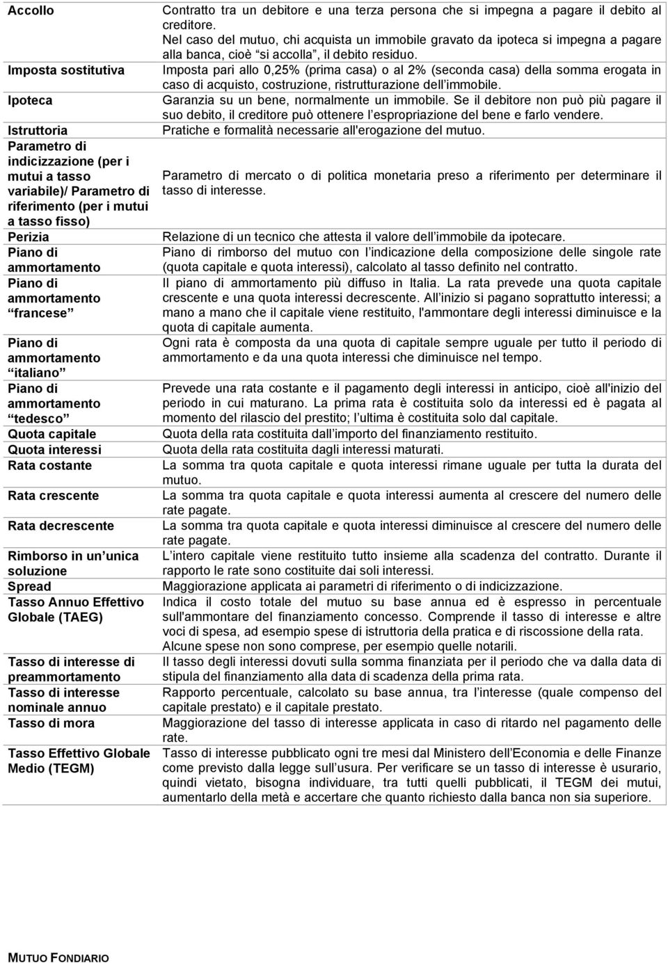 Imposta sostitutiva Imposta pari allo 0,25% (prima casa) o al 2% (seconda casa) della somma erogata in caso di acquisto, costruzione, ristrutturazione dell immobile.