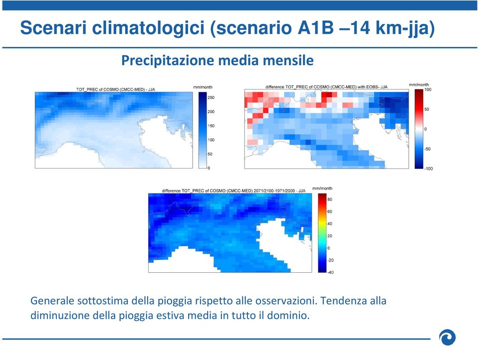 della pioggia rispetto alle osservazioni.