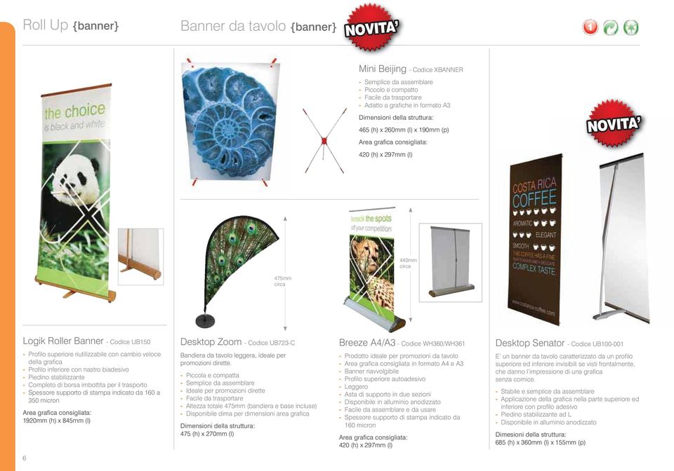 riutilizzabile con cambio veloce della grafica - Profilo inferiore con nastro biadesivo - Piedino stabilizzante - Completo di borsa imbottita per il trasporto - Spessore supporto di stampa indicato