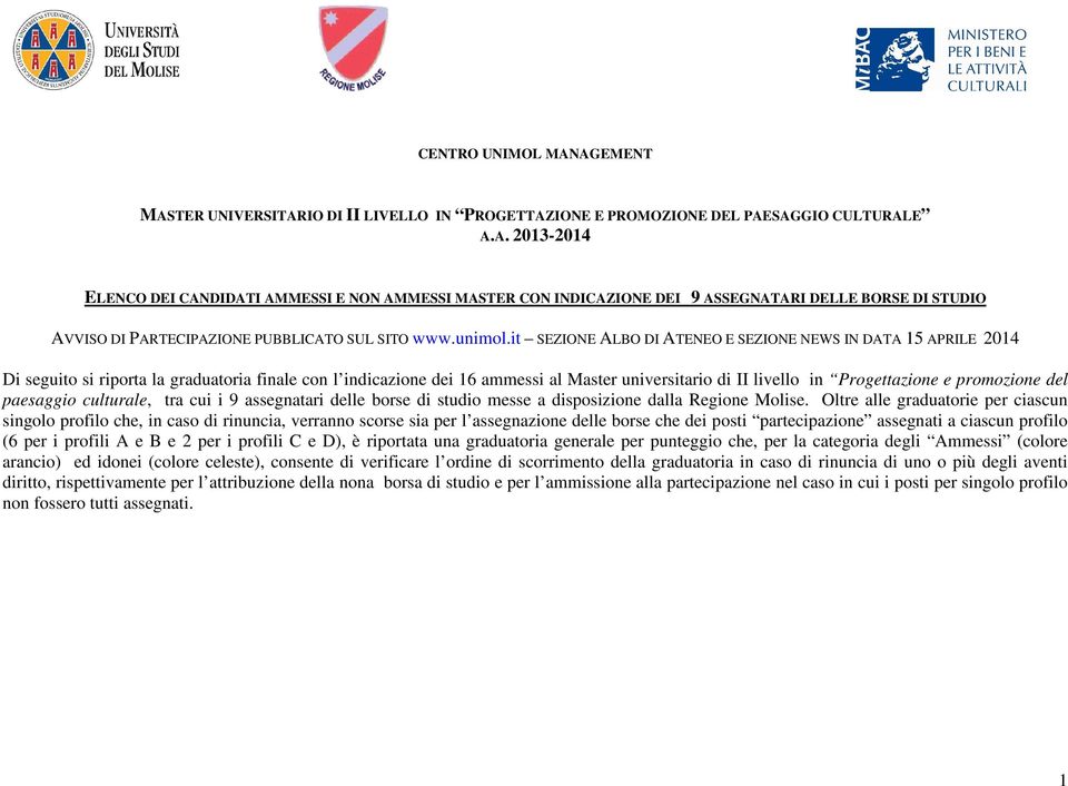 it SEZIONE ALBO DI ATENEO E SEZIONE NEWS IN DATA 15 APRILE 2014 Di seguito si riporta la graduatoria finale con l indicazione dei 16 ammessi al Master universitario di II livello in Progettazione e