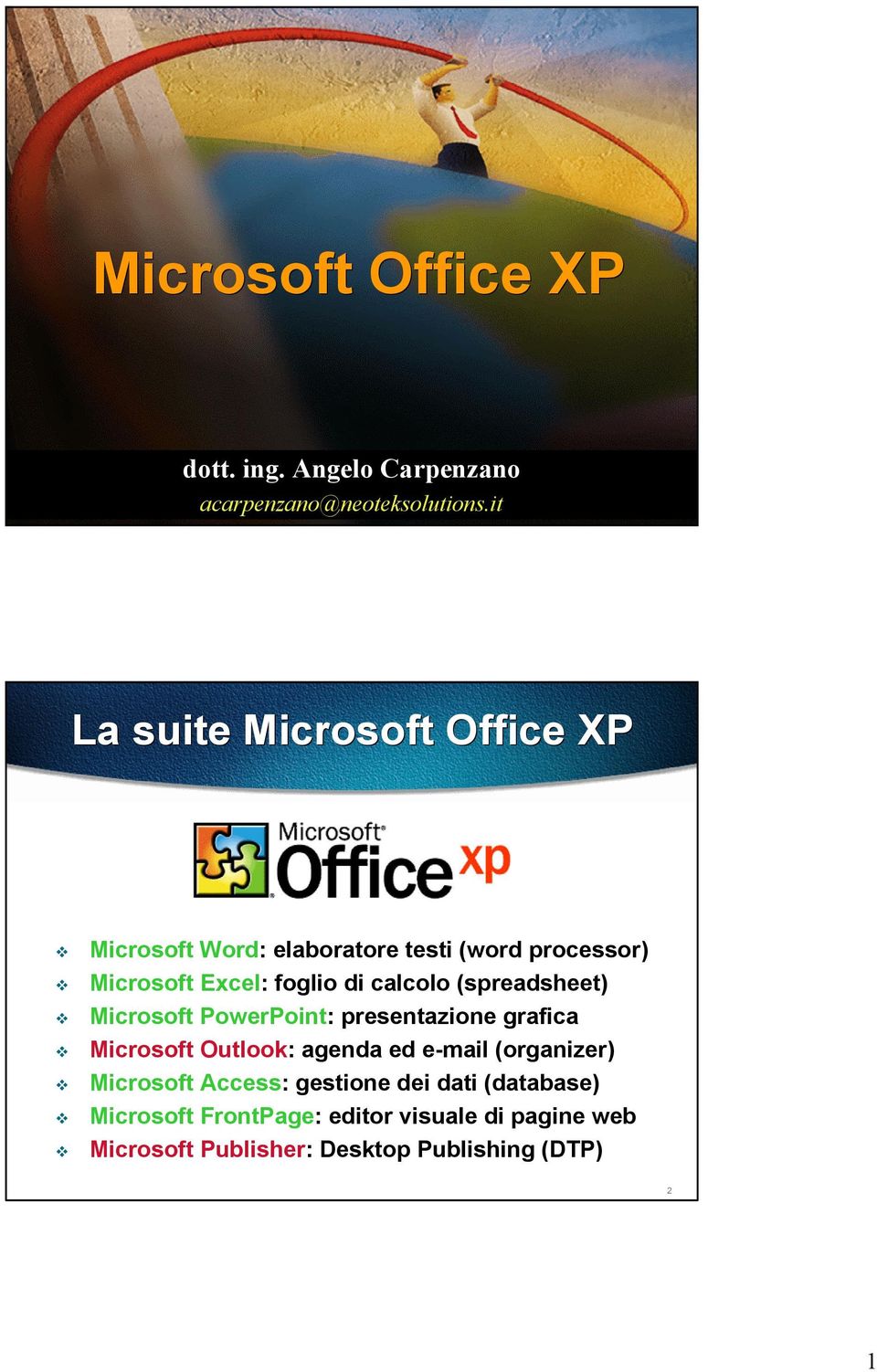 calcolo (spreadsheet) Microsoft PowerPoint: presentazione grafica Microsoft Outlook: agenda ed e-mail
