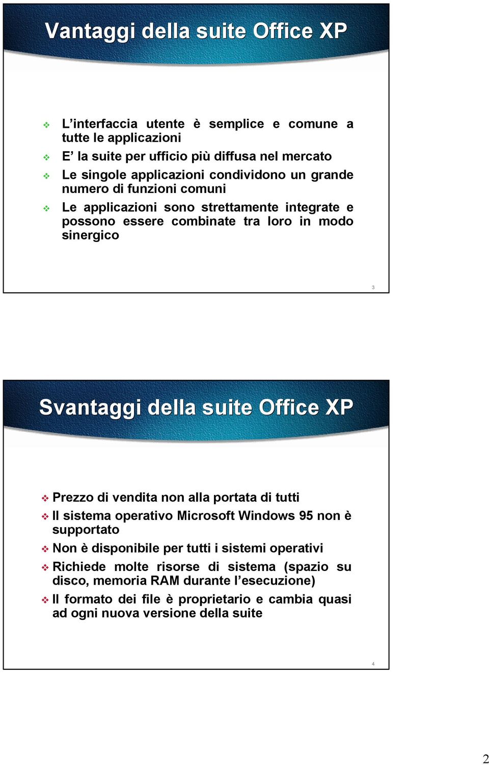 suite Office XP Prezzo di vendita non alla portata di tutti Il sistema operativo Microsoft Windows 95 non è supportato Non è disponibile per tutti i sistemi operativi