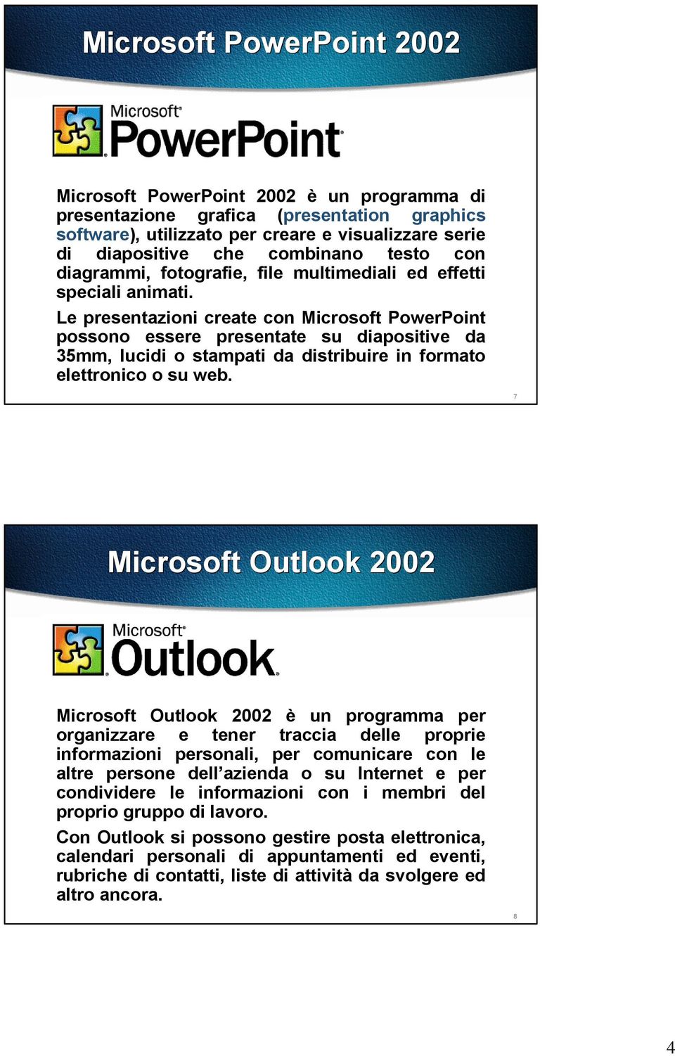 Le presentazioni create con Microsoft PowerPoint possono essere presentate su diapositive da 35mm, lucidi o stampati da distribuire in formato elettronico o su web.