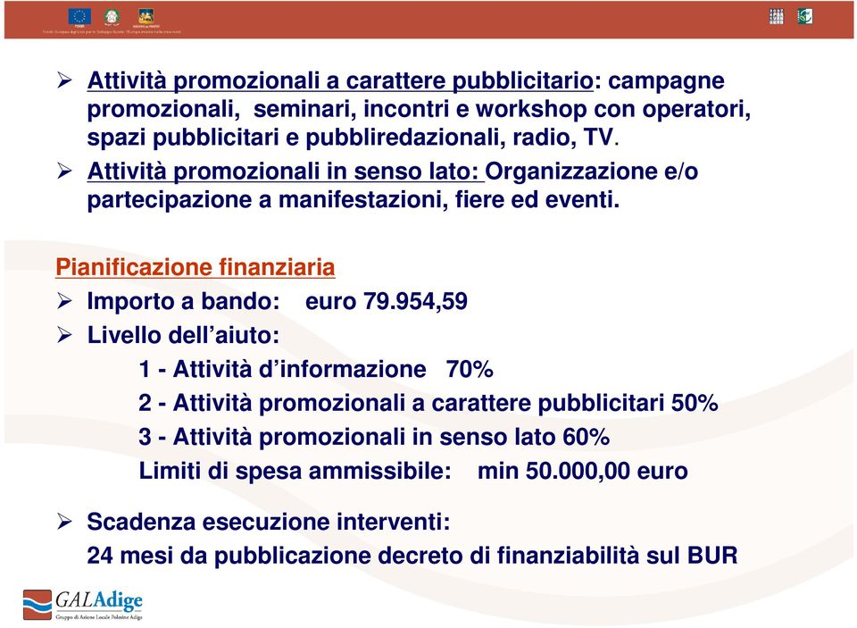 Pianificazione finanziaria Importo a bando: euro 79.