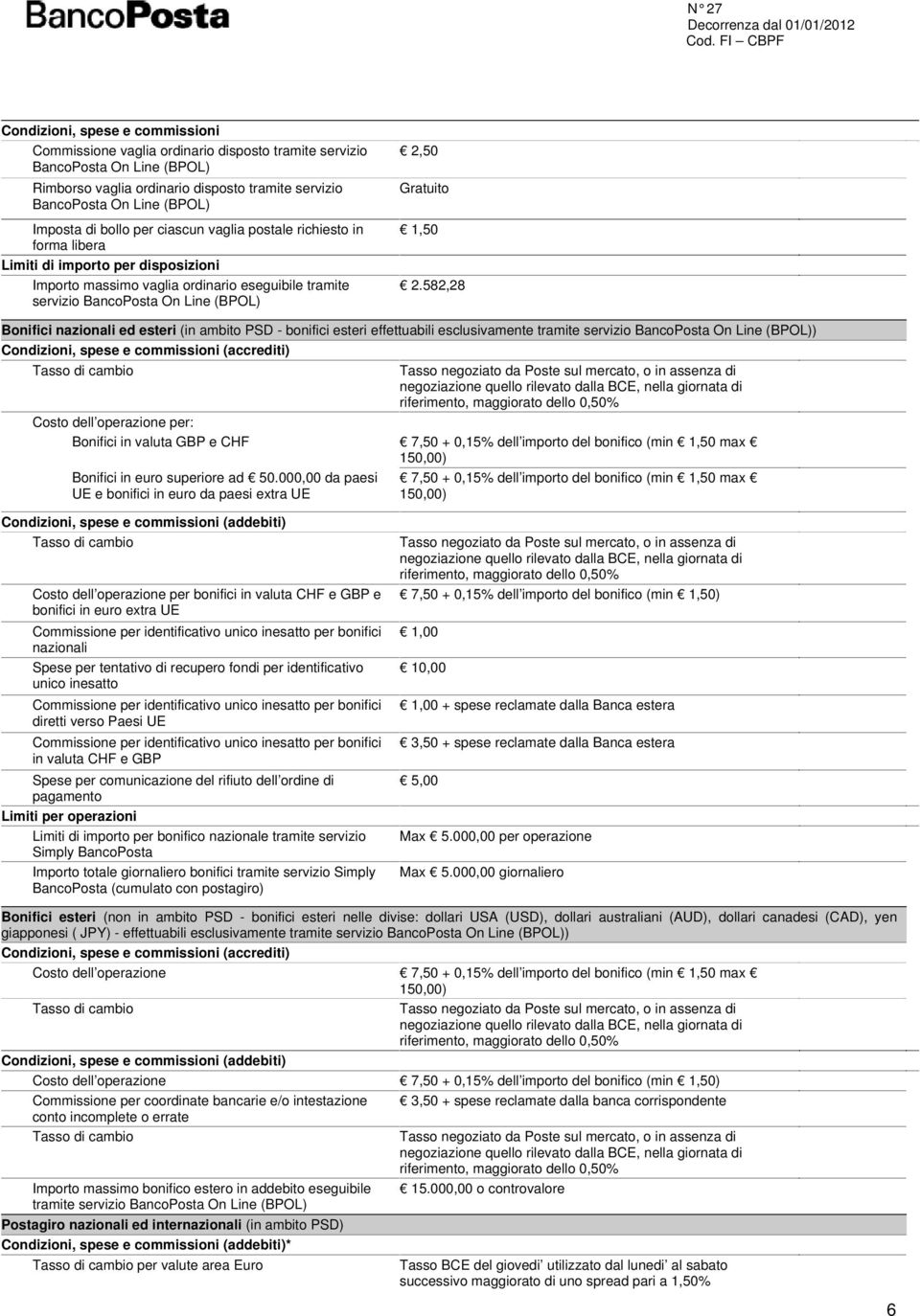 582,28 Bonifici nazionali ed esteri (in ambito PSD - bonifici esteri effettuabili esclusivamente tramite servizio BancoPosta On Line (BPOL)) Condizioni, spese e commissioni (accrediti) Tasso di