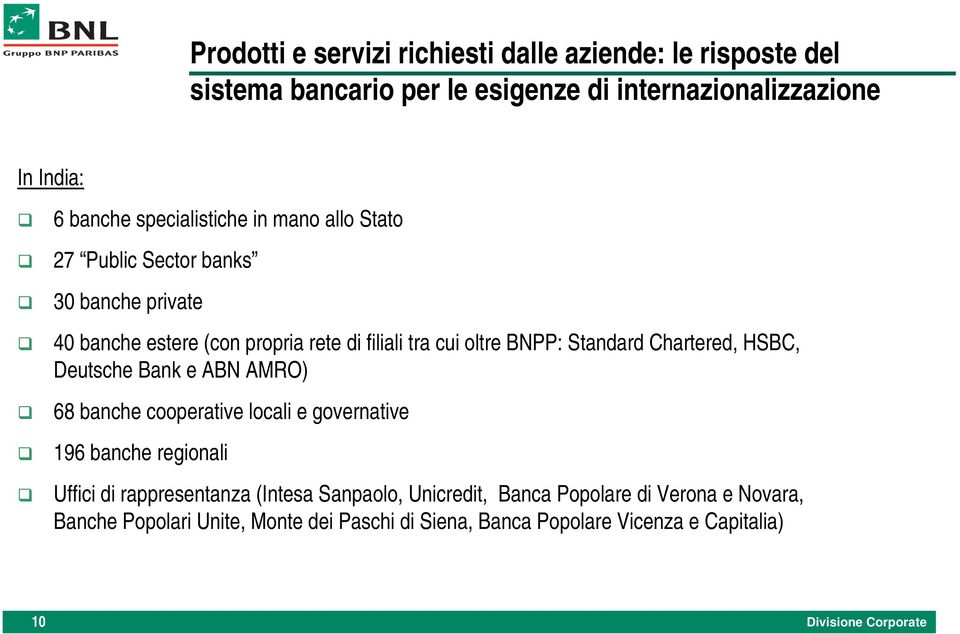 Standard Chartered, HSBC, Deutsche Bank e ABN AMRO) 68 banche cooperative locali e governative 196 banche regionali Uffici di rappresentanza