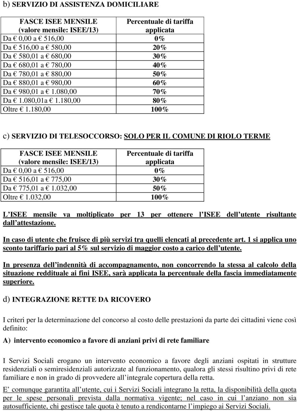 180,00 100% c) SERVIZIO DI TELESOCCORSO: SOLO PER IL COMUNE DI RIOLO TERME FASCE ISEE MENSILE (valore mensile: ISEE/13) Percentuale di tariffa applicata Da 0,00 a 516,00 0% Da 516,01 a 775,00 30% Da