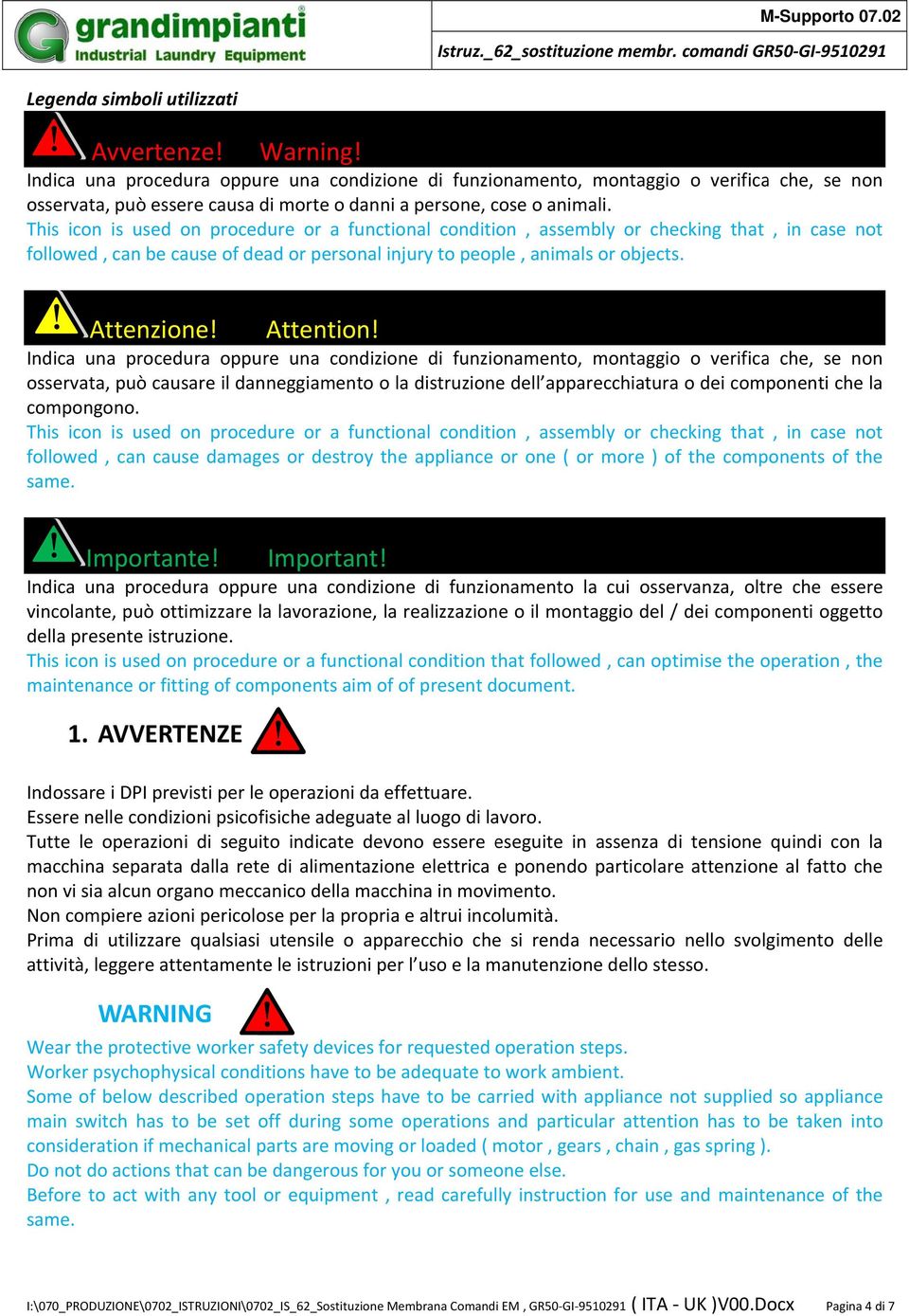 This icon is used on procedure or a functional condition, assembly or checking that, in case not followed, can be cause of dead or personal injury to people, animals or objects. Attenzione! Attention!