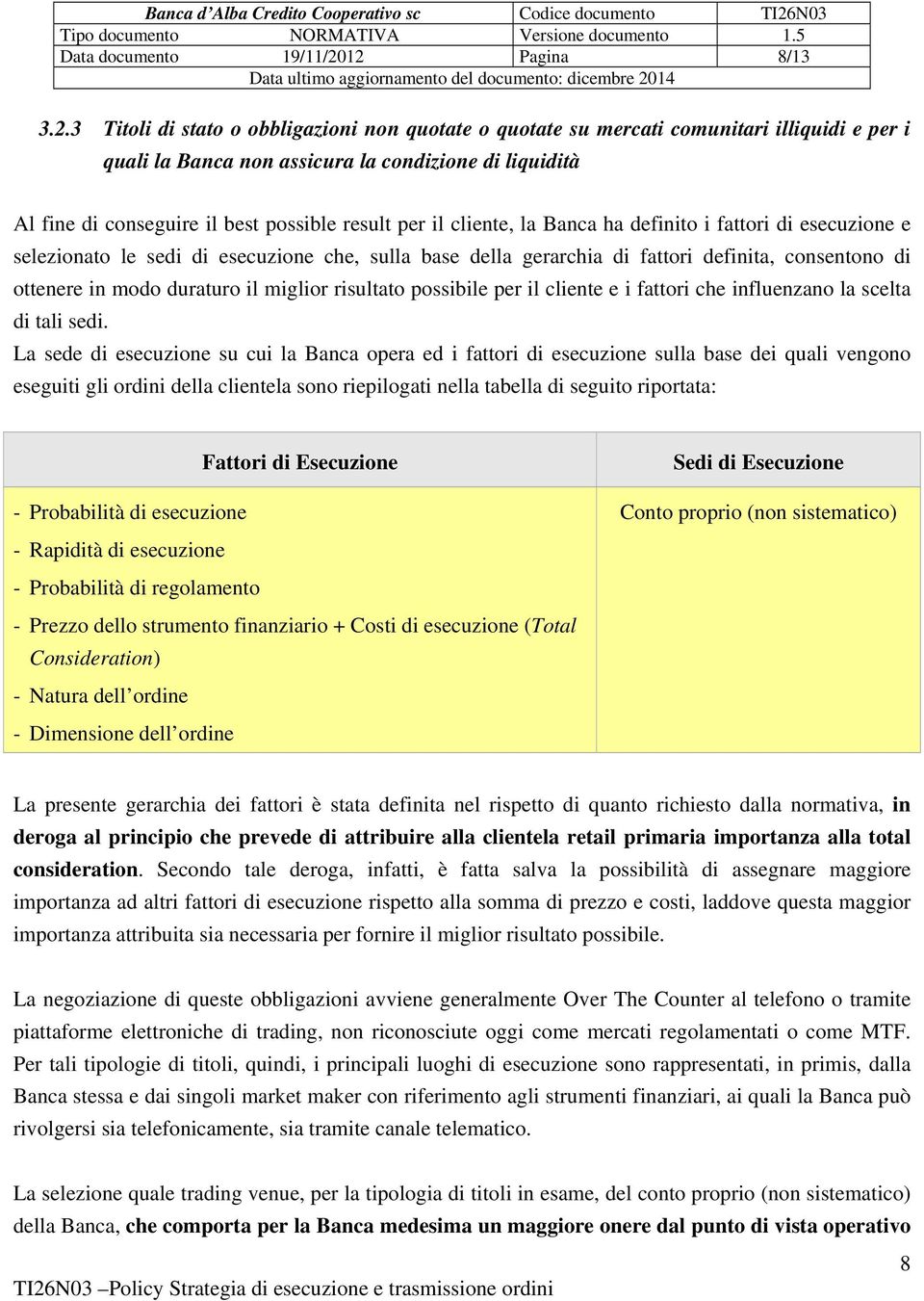 possible result per il cliente, la Banca ha definito i fattori di esecuzione e selezionato le sedi di esecuzione che, sulla base della gerarchia di fattori definita, consentono di ottenere in modo