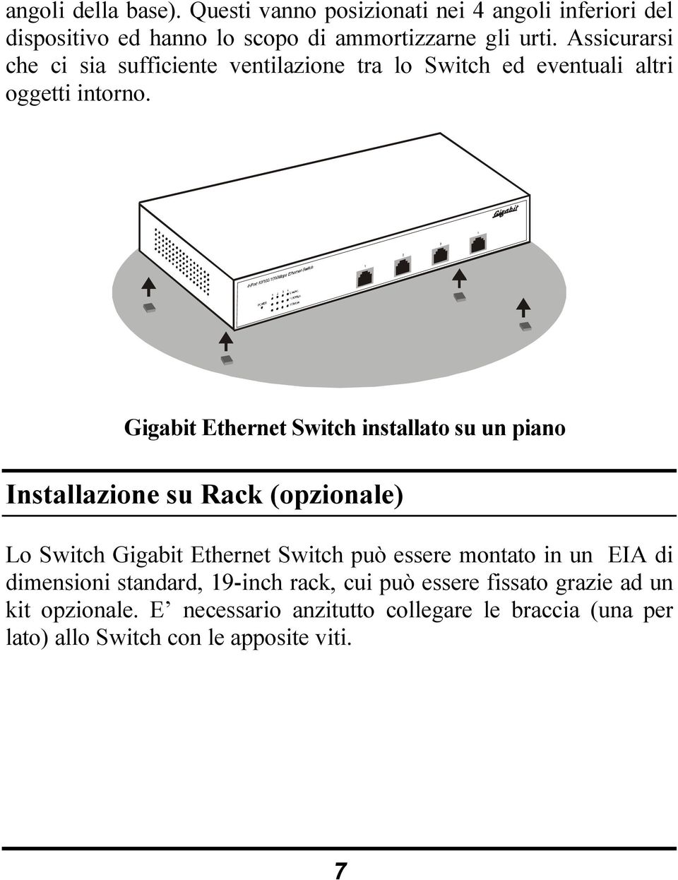 Gigabit Ethernet Switch installato su un piano Installazione su Rack (opzionale) Lo Switch Gigabit Ethernet Switch può essere montato in