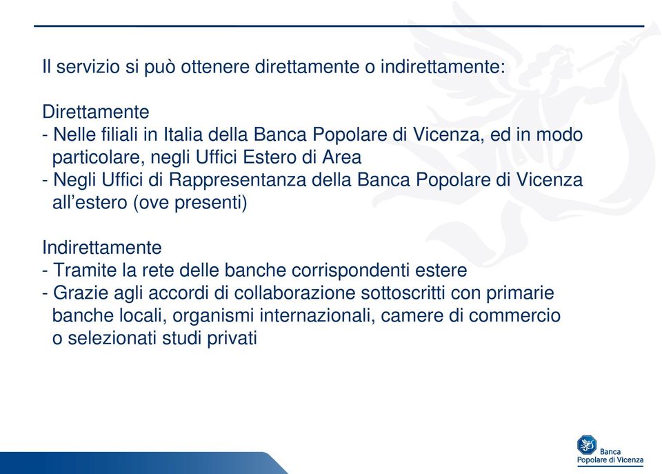 Vicenza all estero (ove presenti) Indirettamente - Tramite la rete delle banche corrispondenti estere - Grazie agli accordi