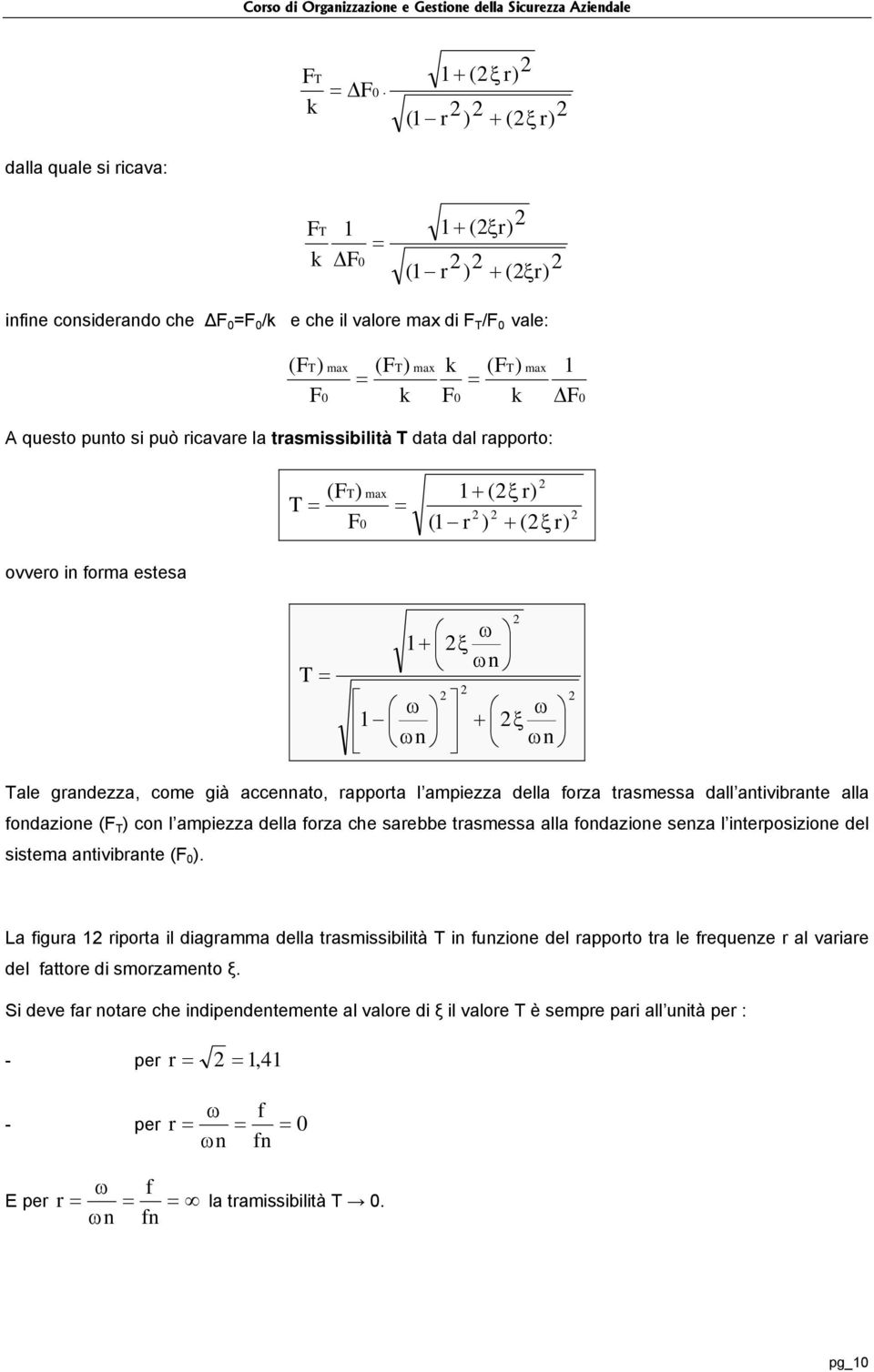 trasessa dall ativibrate alla fodazioe (F T ) co l apiezza della forza che sarebbe trasessa alla fodazioe seza l iterposizioe del sistea ativibrate (F ).