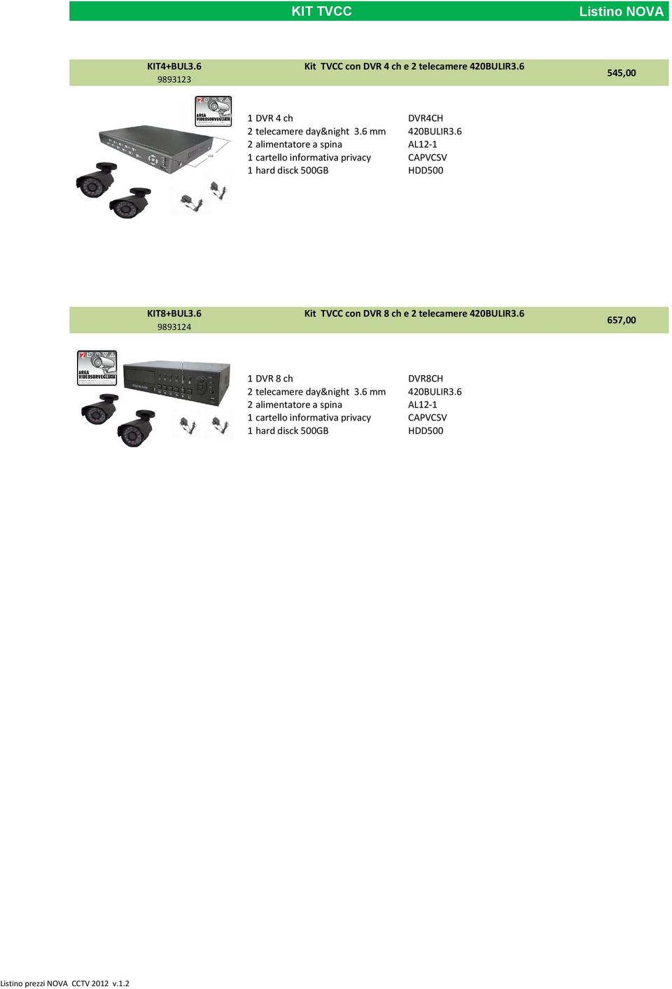 6 2 alimentatore a spina AL12-1 1 cartello informativa privacy CAPVCSV 1 hard disck 500GB HDD500 KIT8+BUL3.