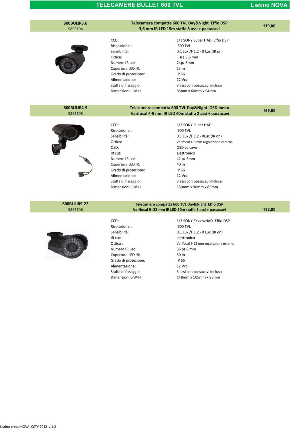 Day&Night OSD menu Varifocal 4-9 mm IR LED 40m staffa 2 assi + passacavi 1/3 SONY Super HAD 600 TVL 0,1 Lux /F 1.