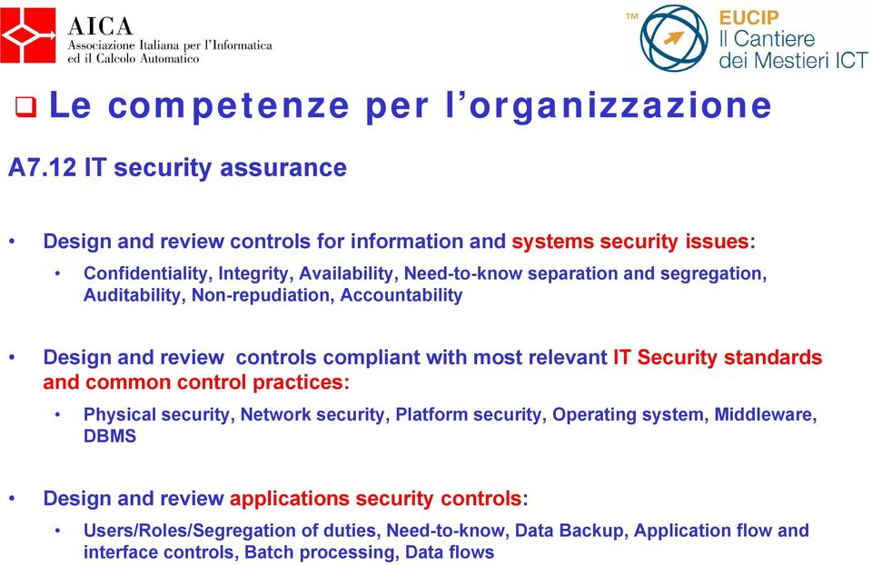 separation and segregation, Auditability, Non-repudiation, Accountability Design and review controls compliant with most relevant IT Security standards and