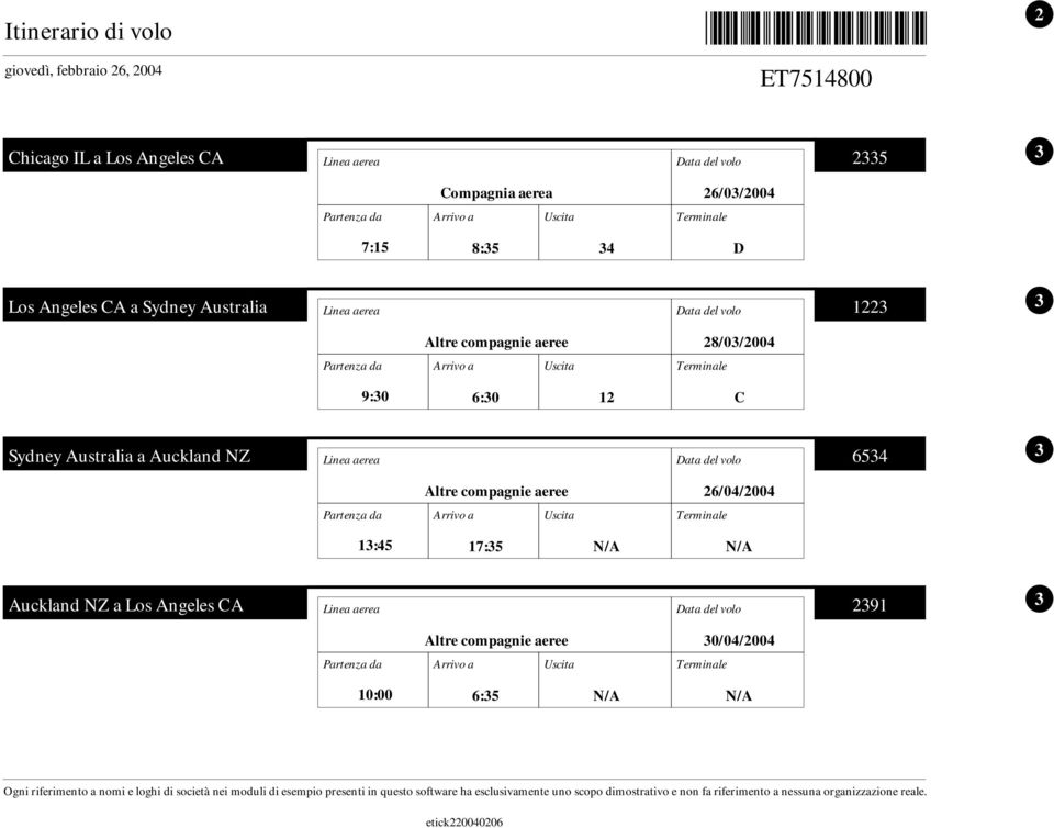 Terminale 9:30 6:30 12 C Sydney Australia a Auckland NZ 6534 3 Altre compagnie aeree 26/04/2004 Partenza da Arrivo a Uscita Terminale