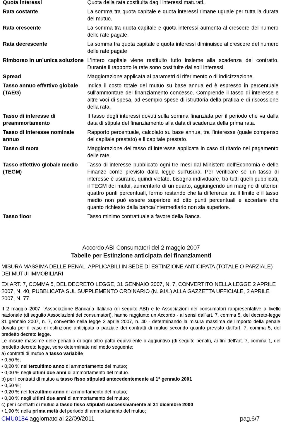 La somma tra quota capitale e quota interessi diminuisce al crescere del numero delle rate pagate Rimborso in un unica soluzione L intero capitale viene restituito tutto insieme alla scadenza del