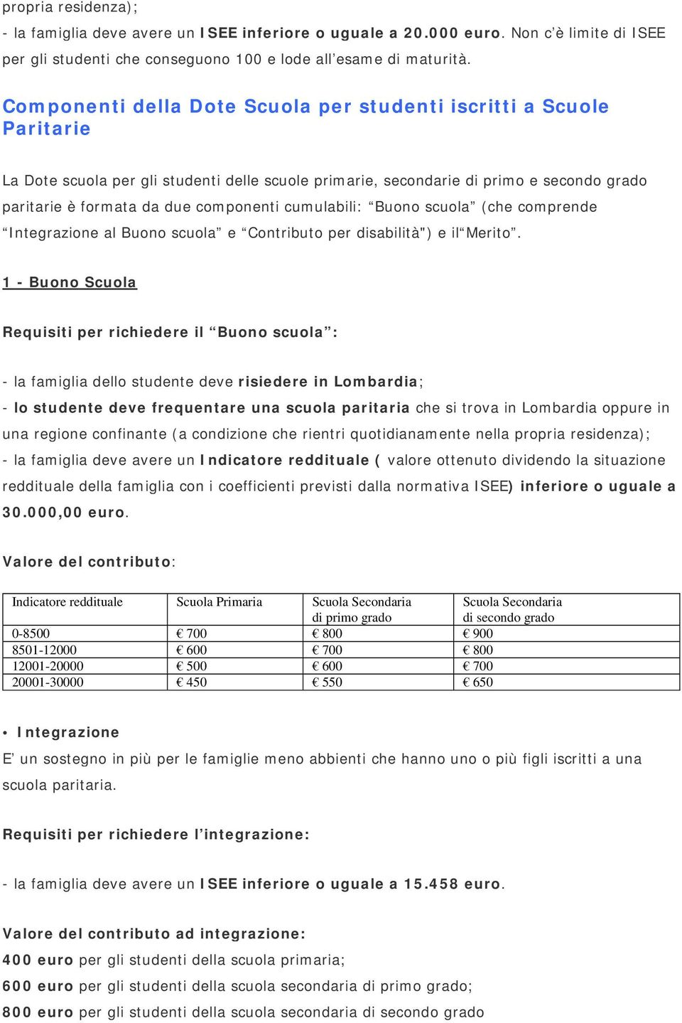 cumulabili: Buono scuola (che comprende Integrazione al Buono scuola e Contributo per disabilità") e il Merito.