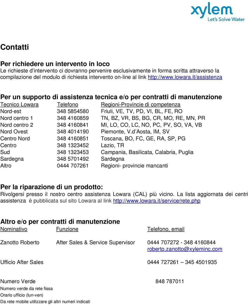 it/assistenza Per un supporto di assistenza tecnica e/o per contratti di manutenzione Tecnico Lowara Telefono Regioni-Provincie di competenza Nord-est 348 5854580 Friuli, VE, TV, PD, VI, BL, FE, RO