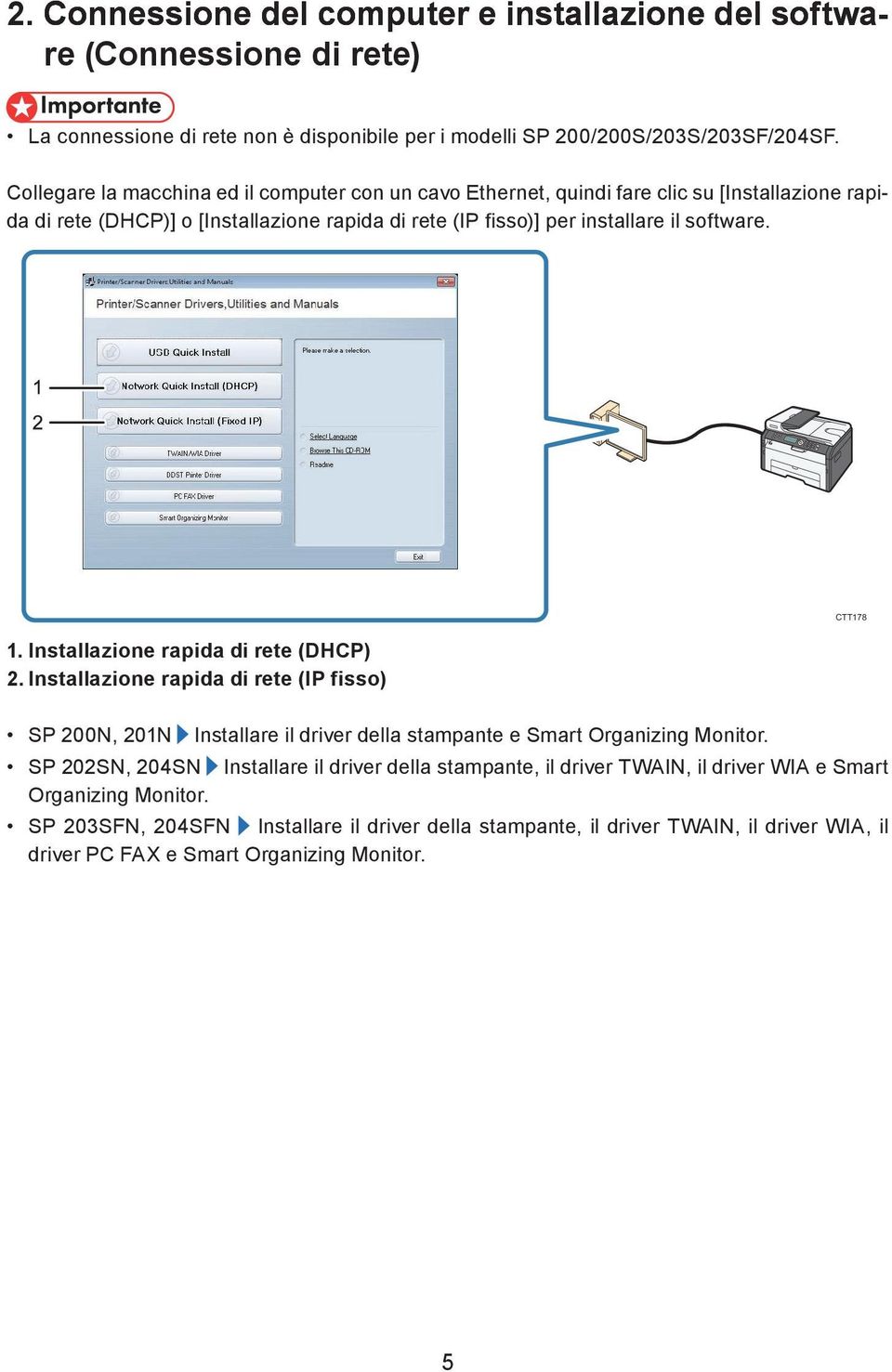 Installazione rapida di rete (DHCP) 2. Installazione rapida di rete (IP fisso) SP 200N, 201N Installare il driver della stampante e Smart Organizing Monitor.