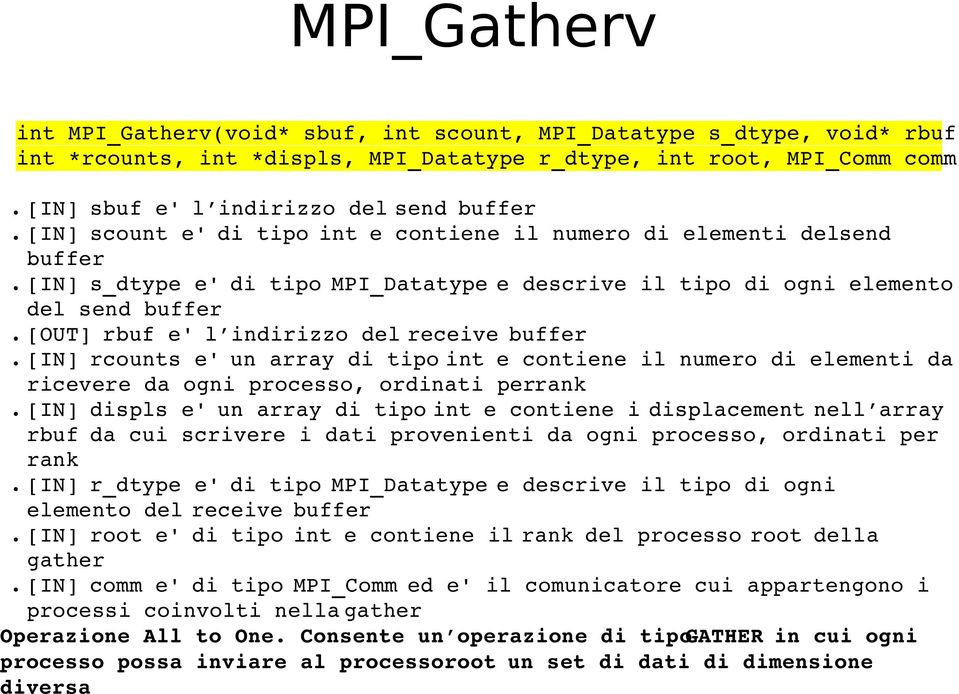 del receive buffer [IN] rcounts e' un array di tipo int e contiene il numero di elementi da ricevere da ogni processo, ordinati per rank [IN] displs e' un array di tipo int e contiene i displacement