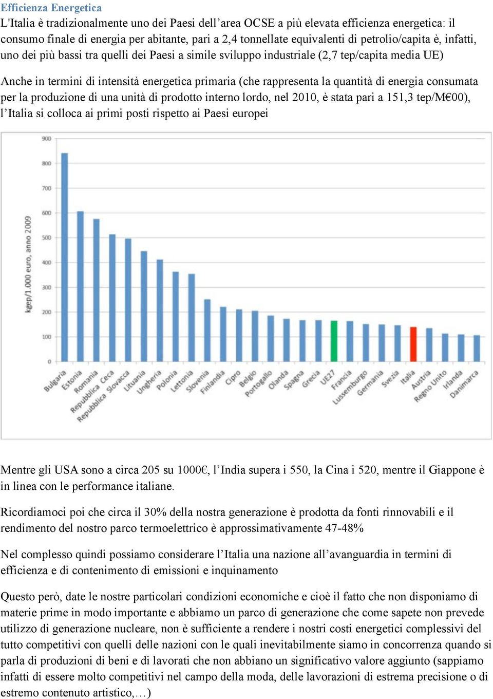 quantità di energia consumata per la produzione di una unità di prodotto interno lordo, nel 2010, è stata pari a 151,3 tep/m 00), l Italia si colloca ai primi posti rispetto ai Paesi europei Mentre