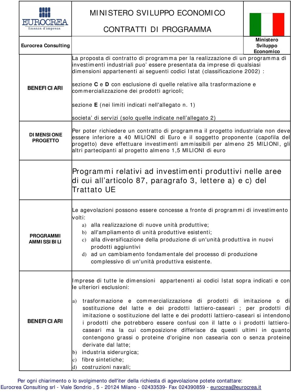 trasformazione e commercializzazione dei prodotti agricoli; sezione E (nei limiti indicati nell'allegato n.