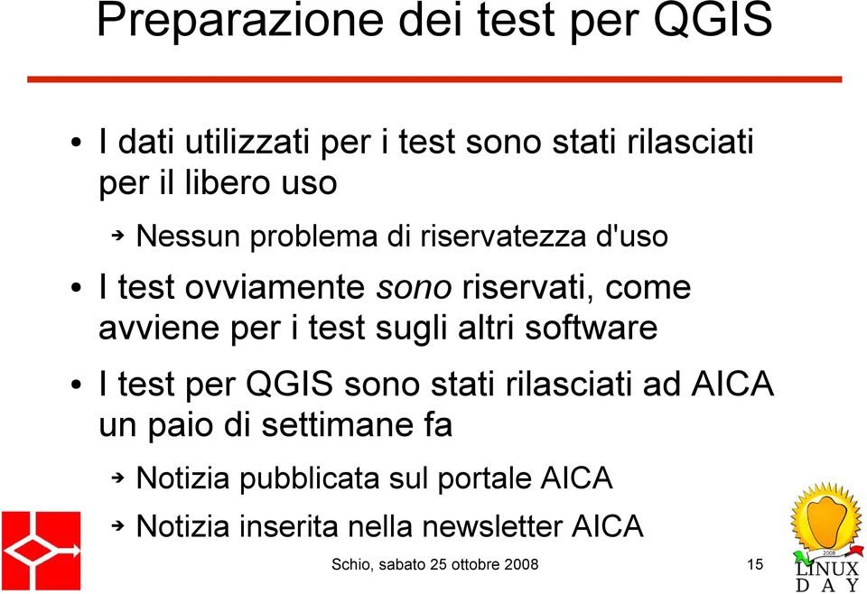 test sugli altri software I test per QGIS sono stati rilasciati ad AICA un paio di settimane fa