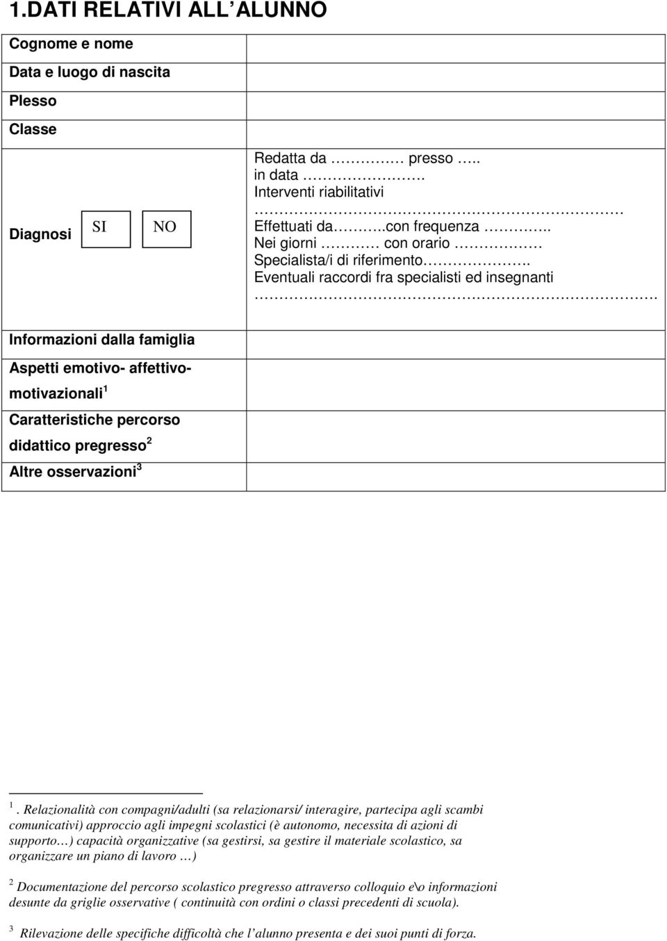 Informazioni dalla famiglia Aspetti emotivo- affettivomotivazionali 1 Caratteristiche percorso didattico pregresso 2 Altre osservazioni 3 1.