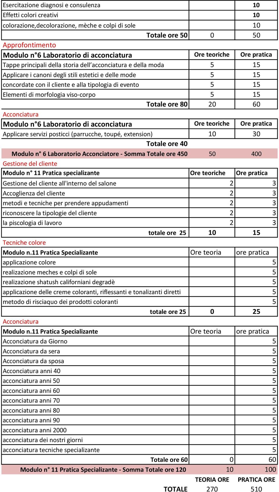 20 60 Acconciatura Applicare servizi posticci (parrucche, toupé, extension) 10 30 Totale ore 40 Modulo n 6 Laboratorio Acconciatore - Somma Totale ore 450 50 400 Gestione del cliente Modulo n 11