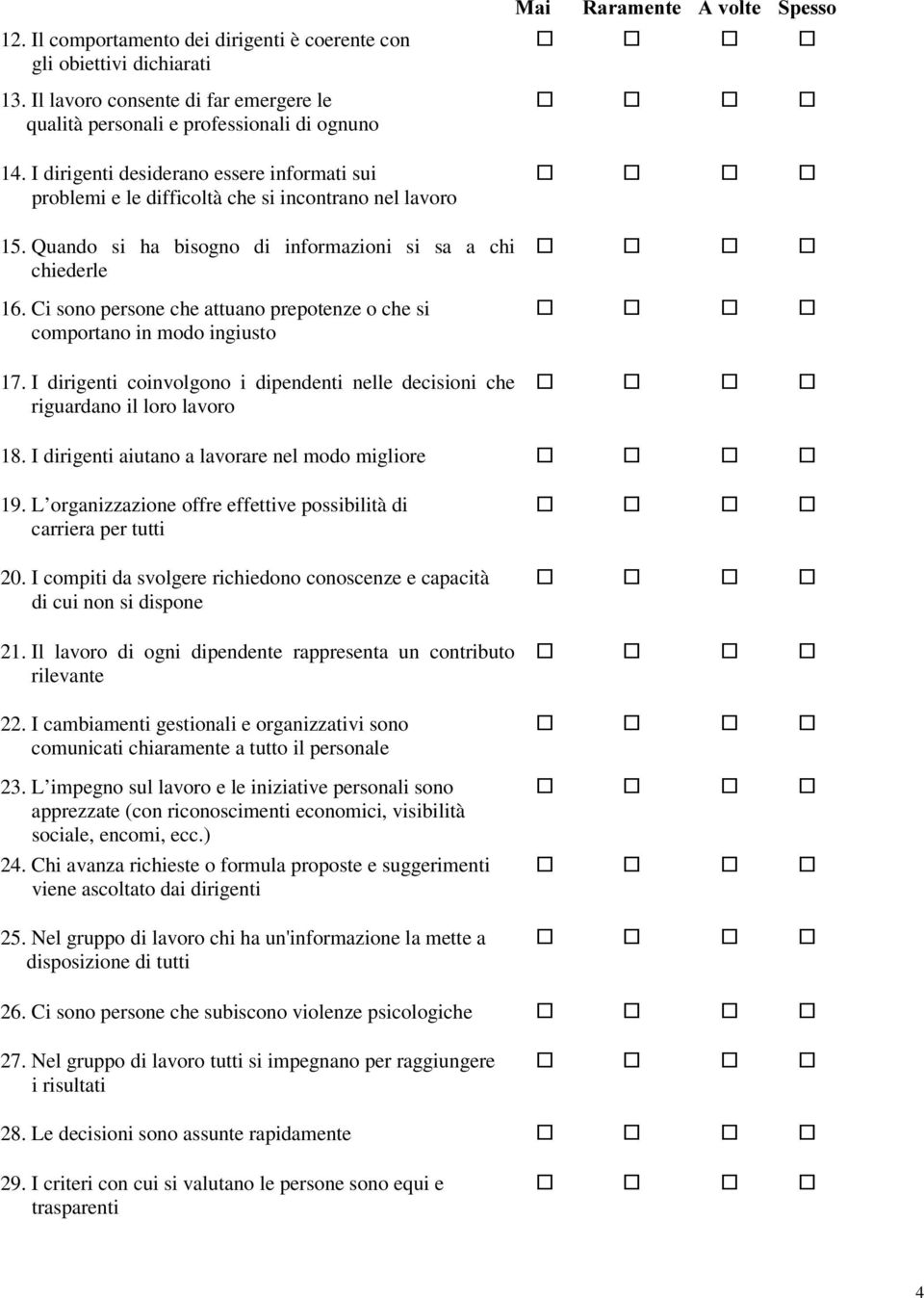 Ci sono persone che attuano prepotenze o che si comportano in modo ingiusto 17. I dirigenti coinvolgono i dipendenti nelle decisioni che riguardano il loro lavoro 18.