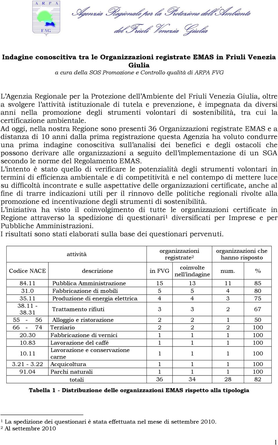 Ad oggi, nella nostra Regione sono presenti 36 Organizzazioni registrate EMAS e a distanza di 10 anni dalla prima registrazione questa Agenzia ha voluto condurre una prima indagine conoscitiva sull