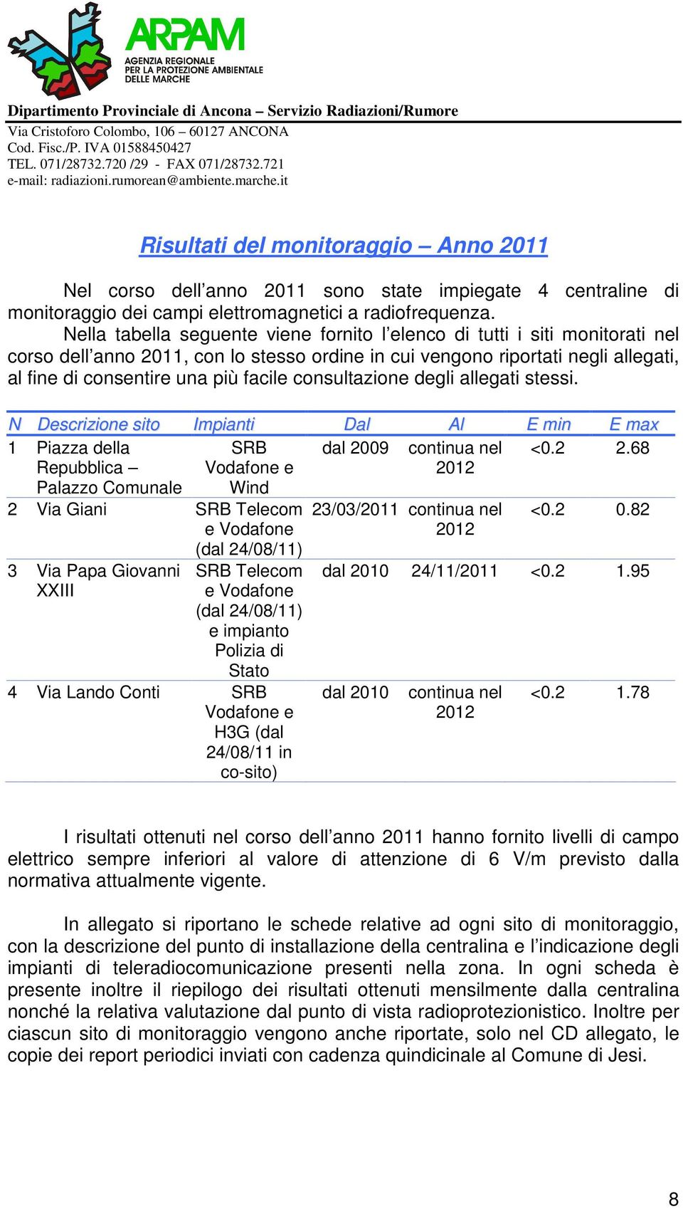 consultazione degli allegati stessi. N Descrizione sito Impianti Dal Al E min E max 1 Piazza della Repubblica SRB Vodafone e dal 2009 continua nel 2012 <0.2 2.