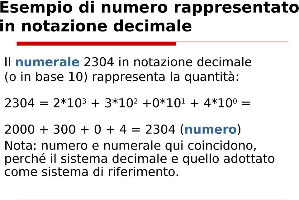 2 +0*10 1 + 4*10 0 = 2000 + 300 + 0 + 4 = 2304 (numero) Nota: numero e numerale
