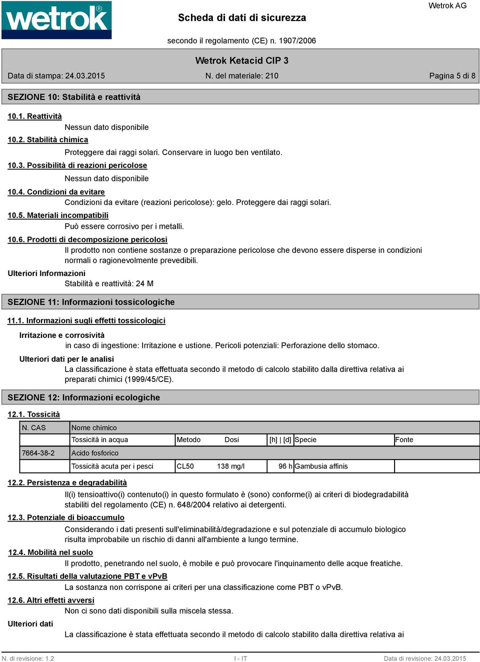 Materiali incompatibili Può essere corrosivo per i metalli. 10.6.